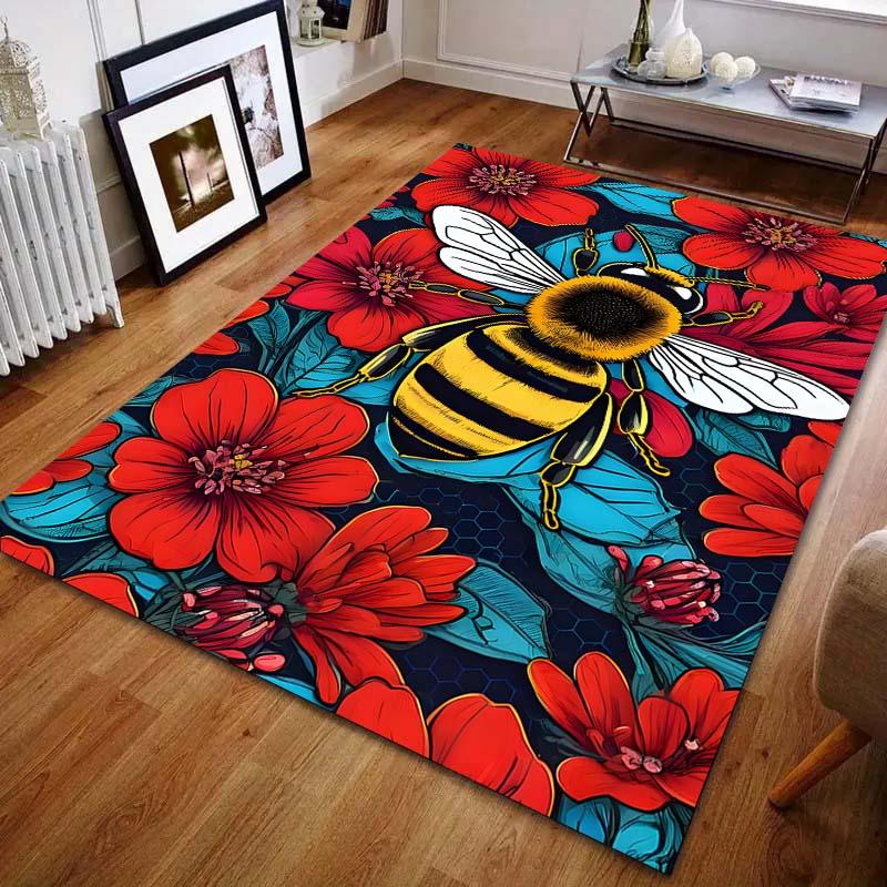 Rote Blume Biene Kreativitäts-Print Teppich für Wohnzimmer Schlafzimmer Bettseite Sofa Tisch Bodenmatte Heim Bereichsteppich Dekoration Große Größe