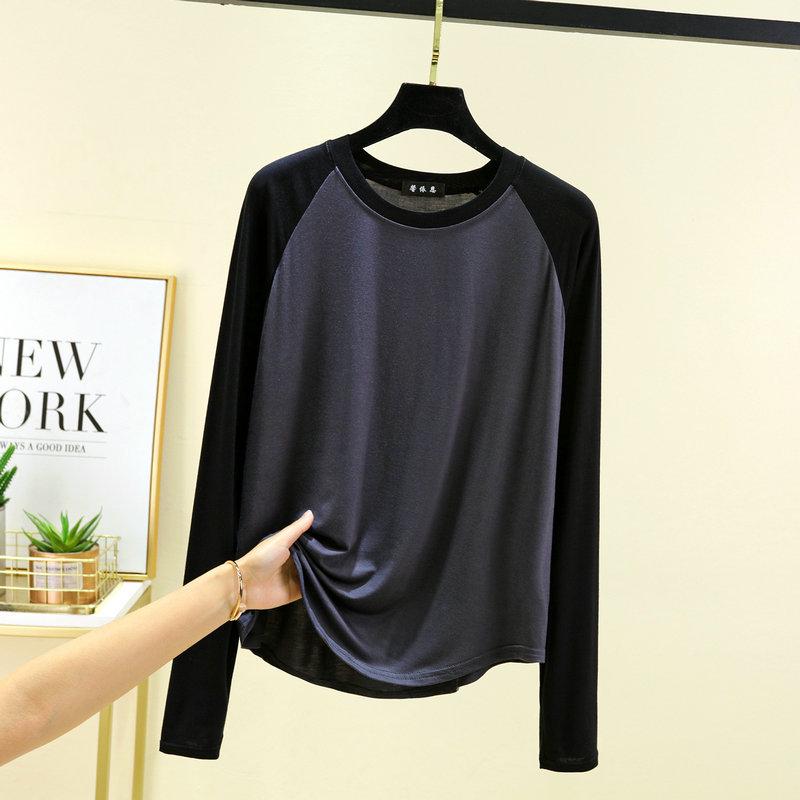 2024 Women's Black & White Color Block Raglan Long Sleeve Retro T-Shirt - Spring/Summer Loose & Slimming Base Layer