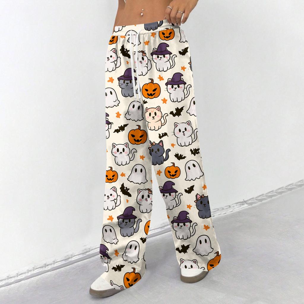 Women's Halloween Print Casual Wide Leg Pants with Drawstring Elastic Waist for Holiday Parties
