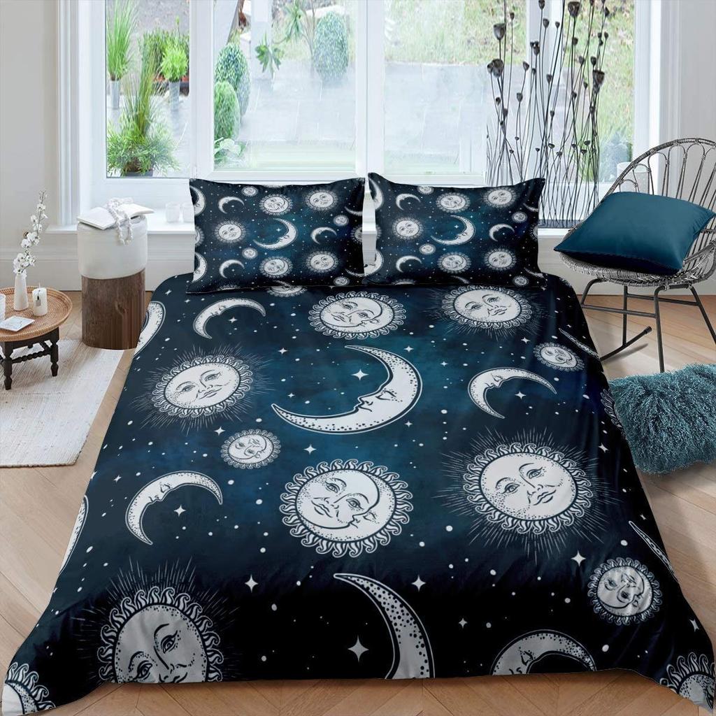 Comforter Sun Moon Queen Bohemian Black And White Print Yin Yang Comforter Galaxy Star Twin Bedding Set