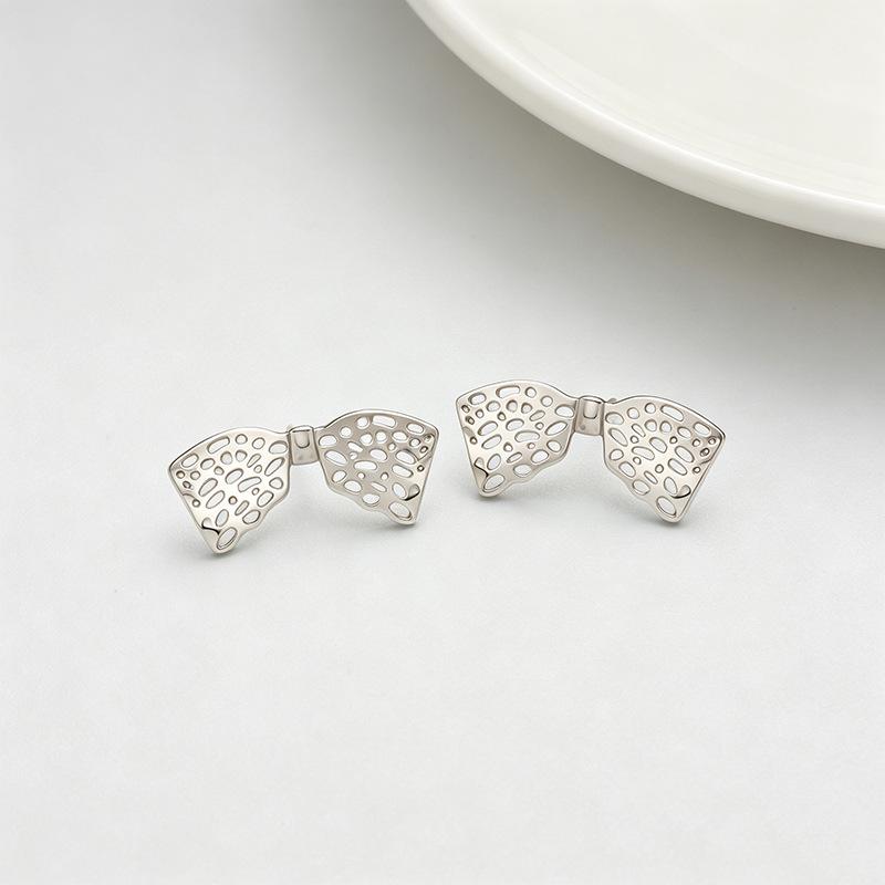 2026 New Style S999 Sterling Silver Bow Stud Earrings: Hollow Design Luxury Jewelry for Women S999 Sterling Silver