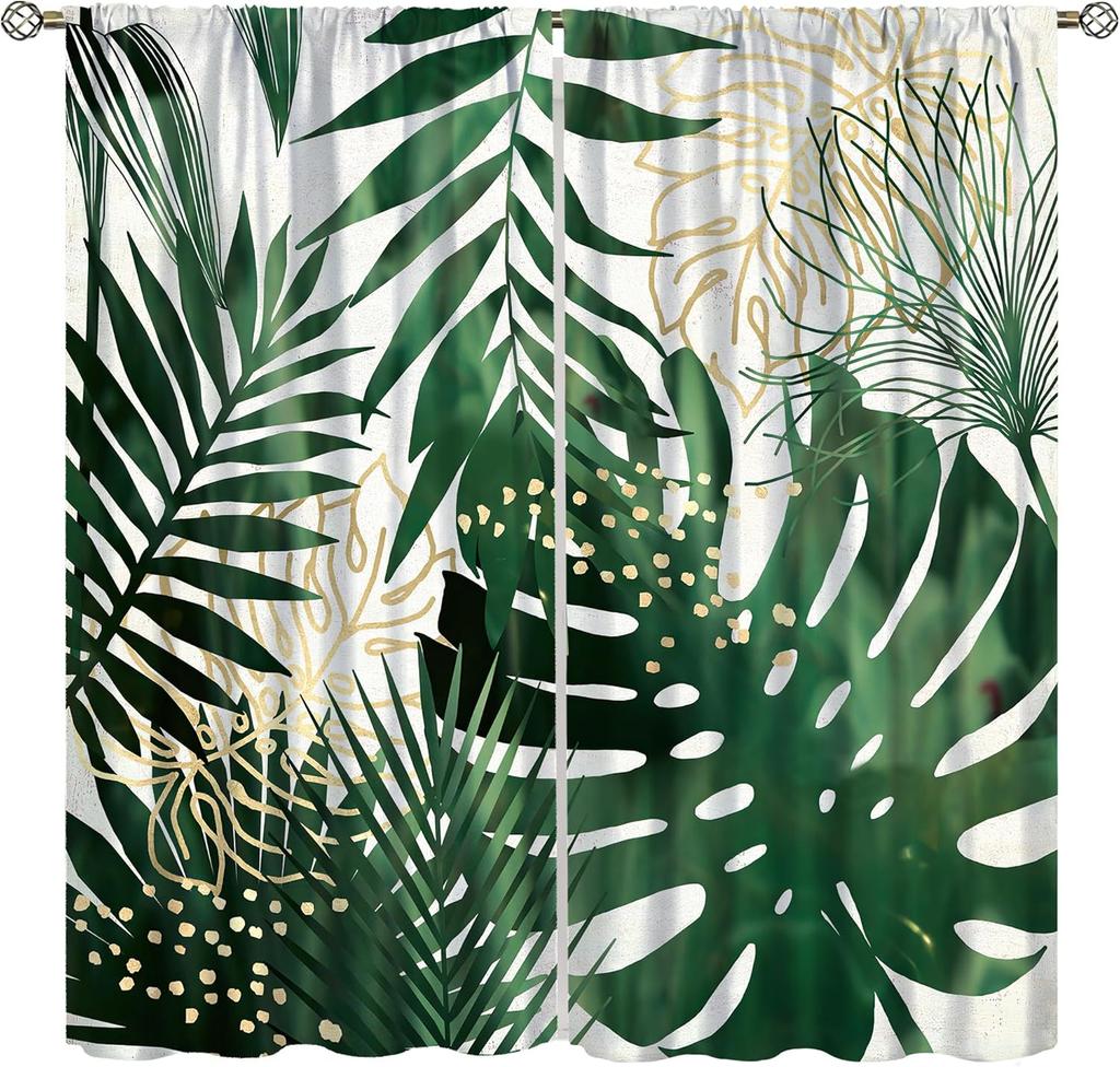 Tropical Palm Leaf Curtains Natural Emerald Green Gold Botanical Plant Abstract Printed Window Treatments Curtain Made Of Polyester With Rod Pocket