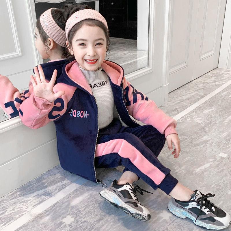 Winter Keep Warm Girls Clothing Set Padded Lining With Plush Velent Hooded Jacket+Pants 2pcs Suit