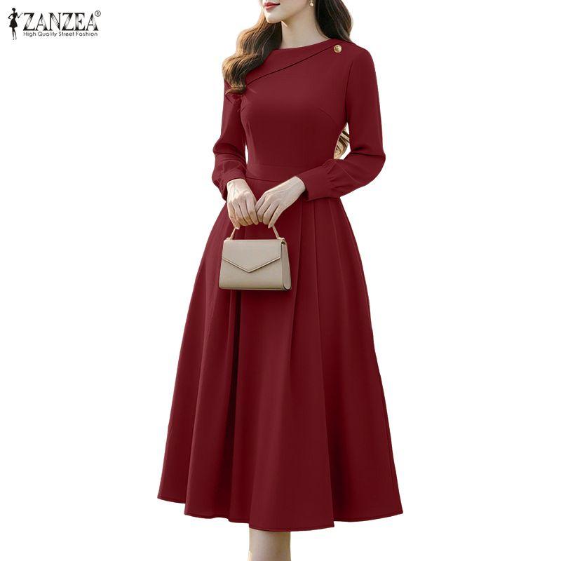 ZANZEA Women Casual Round Neck Elegant Long Sleeve A-Line Dress