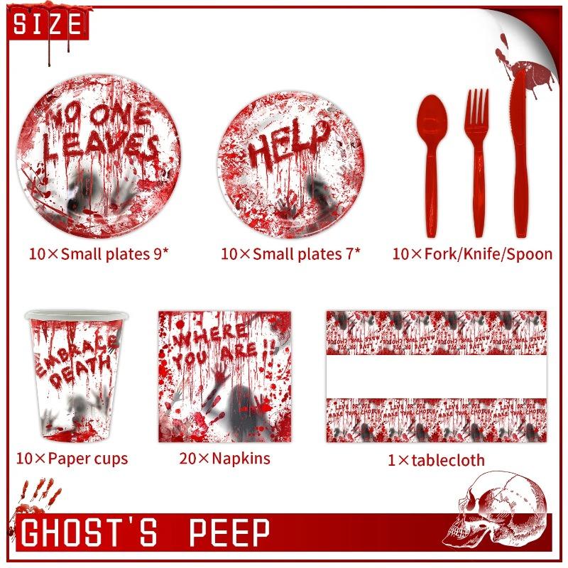 Halloween Disposable Tableware Set with Tablecloth Paper Plates Cups Napkins Spoons Forks Knives Festive Party Supplies