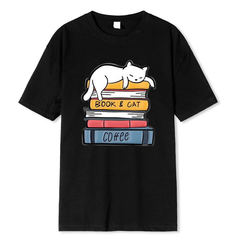 Bílá kočka spící na hromadě knih Potisk Oblečení Pánské Vysoce kvalitní Tričko Letní Bavlněná Trička Volné Topy