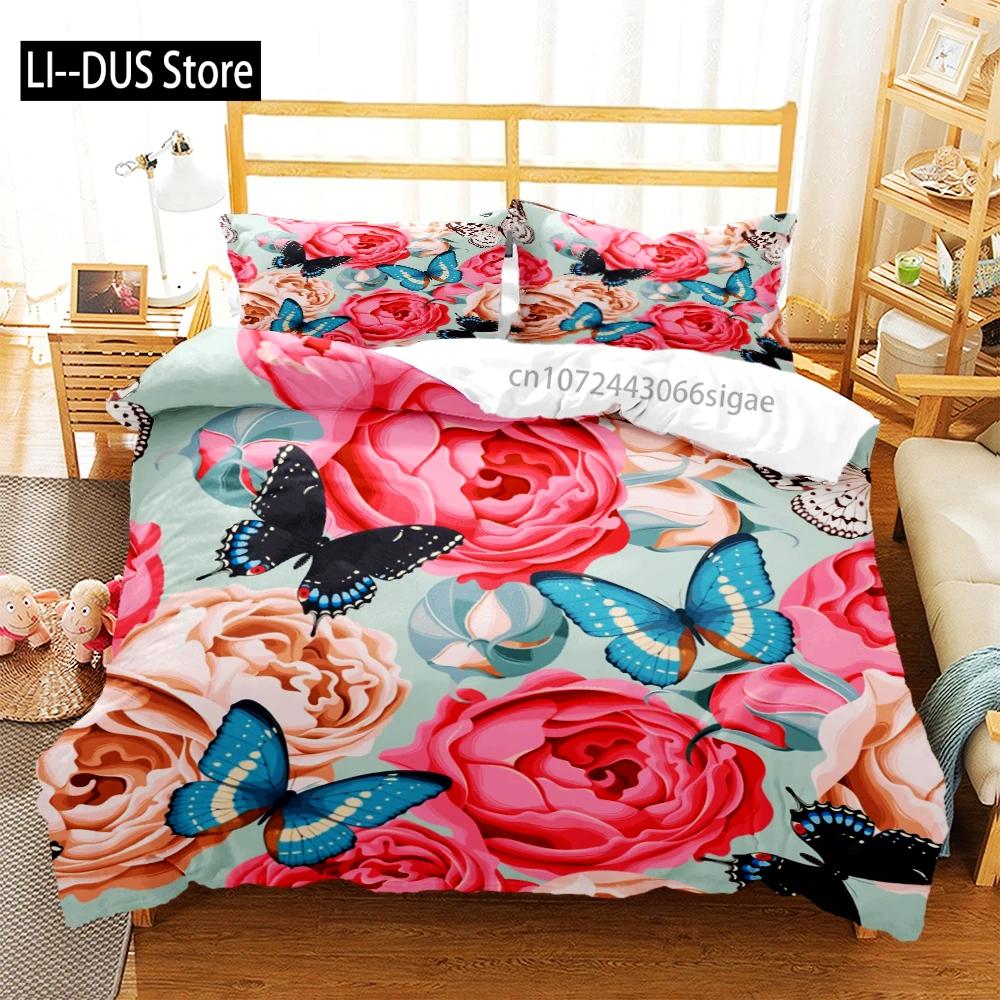 Rose Flower Butterfly Art Print Three Piece Bedding Set Fashion Children or Adults for Beds Quilt Covers Pillowcases Bedding Set