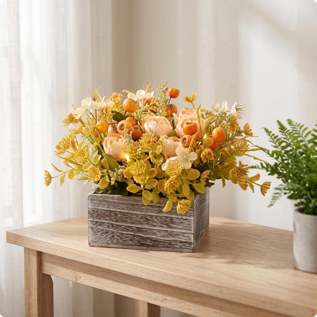 Flower Arrangement with Wooden Planter Box Rustic Artificial Flowers In Farmhouse