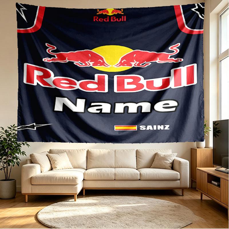 Custom Name Personalized Red Bull Racing Print Tapestry, Wall Art Decor, Bedroom, Dorm, Apartment, LivingRoom, Party Backdrop, Gift for Birthday