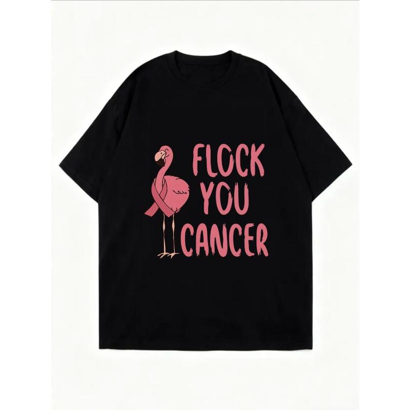 Vintage Oversized T-Shirt mit rosa Flamingo-Print – "FLOCK YOU CANCER" Krebsbewusstseins-Oberteil mit positivem Thema