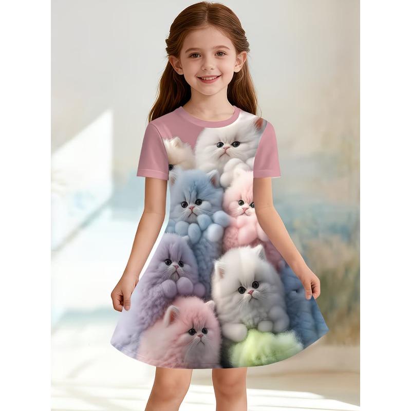 Cute Cat Girls' Princess Dress Summer Casual Dress for Girls Cartoon Graphic Outfit O-Neck Birthday Gifts Children Clothes