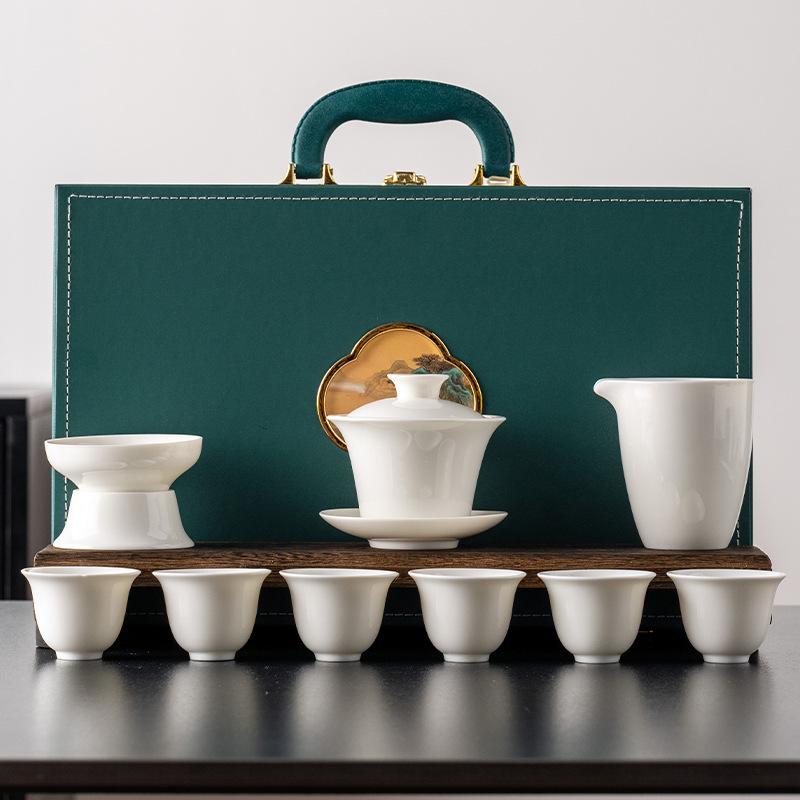 

High-grade suet jade white porcelain ink bowl cover kung fu tea set gift box, a complete set of bowl cover ceramic souvenirs