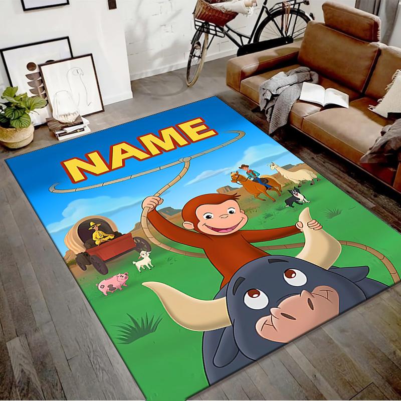Custom Curious George Mat Personalized Name, Polyester Washable Indoor Entryway Rug, Gift for Christmas, Easter, Thanksgiving Day
