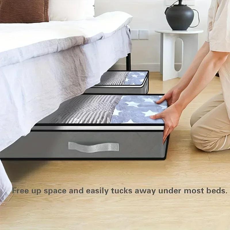 Dustproof under-bed storage box with reinforced handles suitable for quilts blankets pillows and toys bedroom accessories