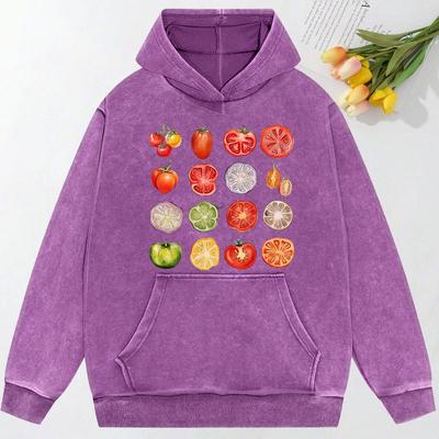 Tomato Variety Collection Chart Print Washed Women Clothes Creativity Cotton Hoodie Pocket Pullover Casual Hoody