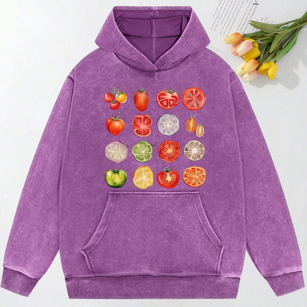 Tomato Variety Collection Chart Print Washed Women Clothes Creativity Cotton Hoodie Pocket Pullover Casual Hoody