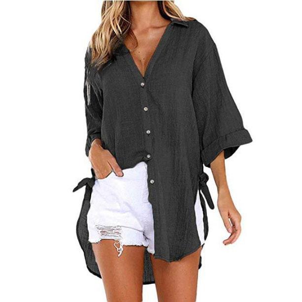 Women Casual Lace-up Button Lapel Shirt Loose Side Knotted Long Sleeve Shirt Plus Size