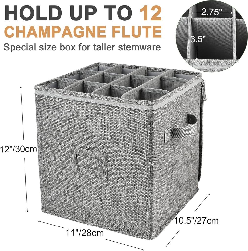 Champagne Flute Storage Box, 12' Tall, Stackable with Dividers & Handles, Grey – Stemware & Crystal Glassware Moving Case
