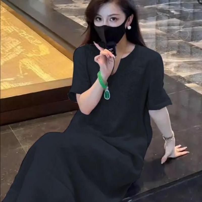 Women V Neck Half Sleeve Embroidered Linen Maxi Dress Loose Casual Vacation Long Gown