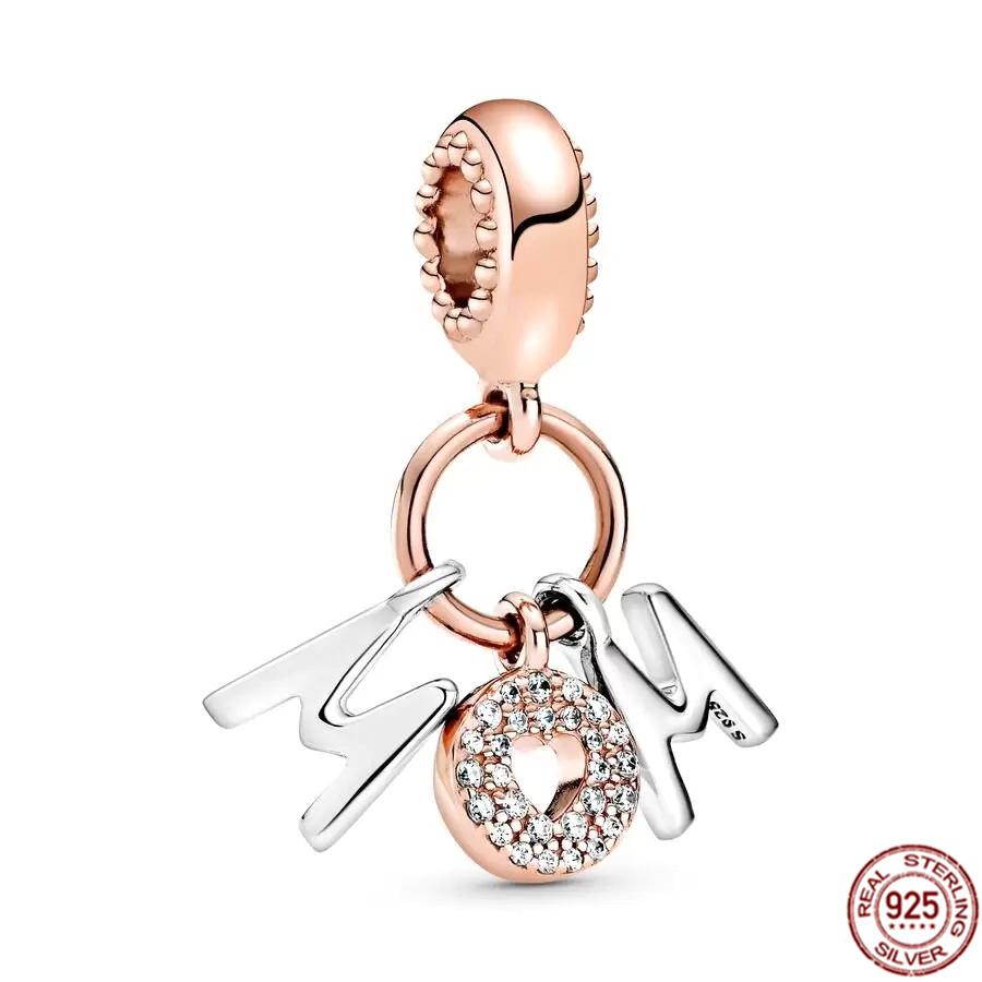 Fine S925 Sterling Silver Love You Mom Double Heart Split Dangle Charm Beads Fit Original  Bracelet DIY Women Jewelry Gift