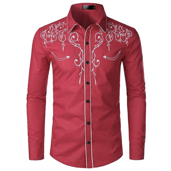 Men Western Cowboy Shirt Lapel Collar Single-breasted Long Sleeve Embroidery Slim Fit