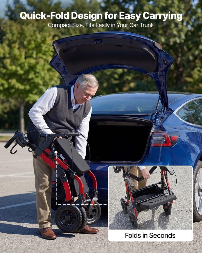 2-in-1 Rollator Gehhilfe & Transportstuhl für Senioren, Faltbarer Rollender Gehwagen Rollstuhl, Leichte Aluminium Mobilitäts-Gehhilfe mit Vollgummi