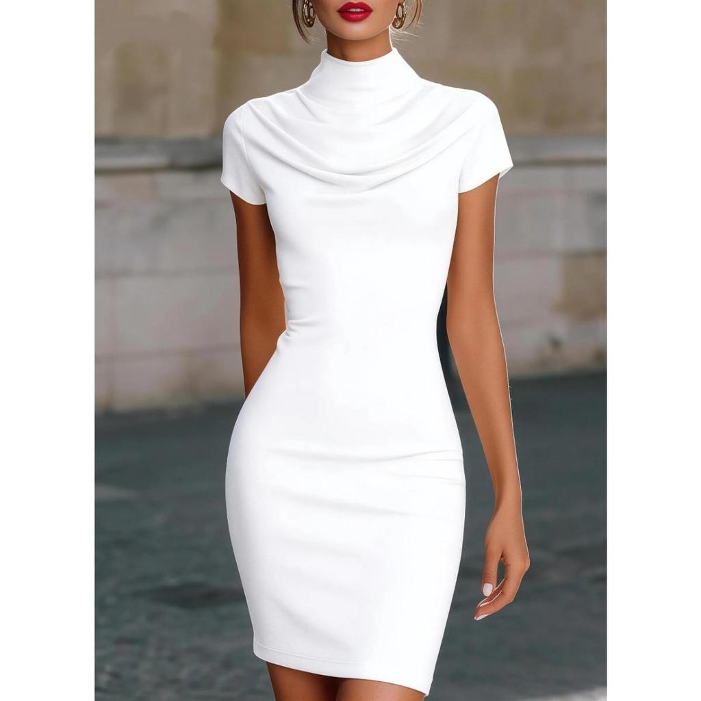 2026 Elegant Cowl Neck Bodycon Mini Dress for Women, Short Sleeve High Neck Slim Fit Party & Casual Wear