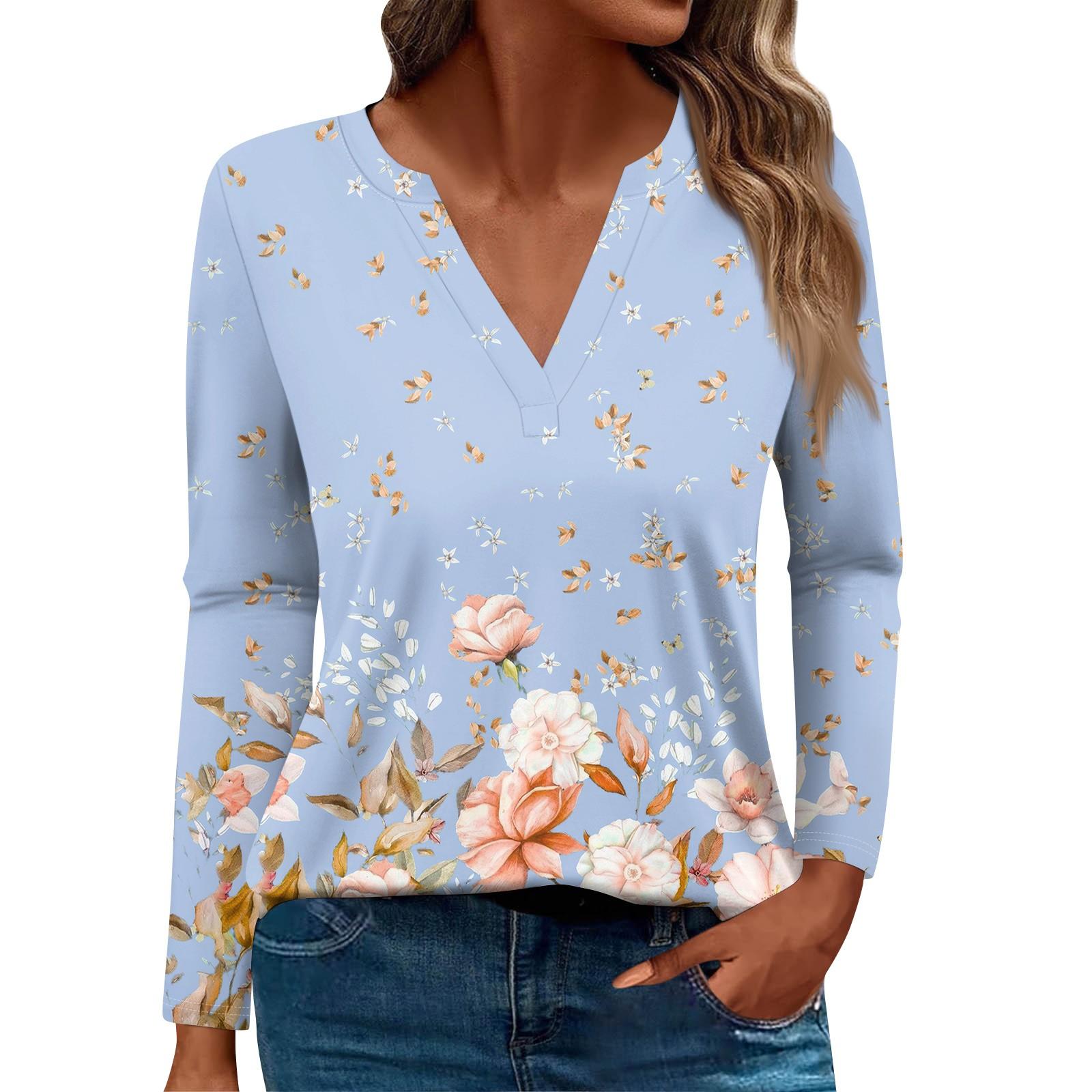 

Женская повседневная мода, удобная футболка с цветочным принтом и V-образным вырезом, длинным рукавом, топы XXXL светло-фиолетовый