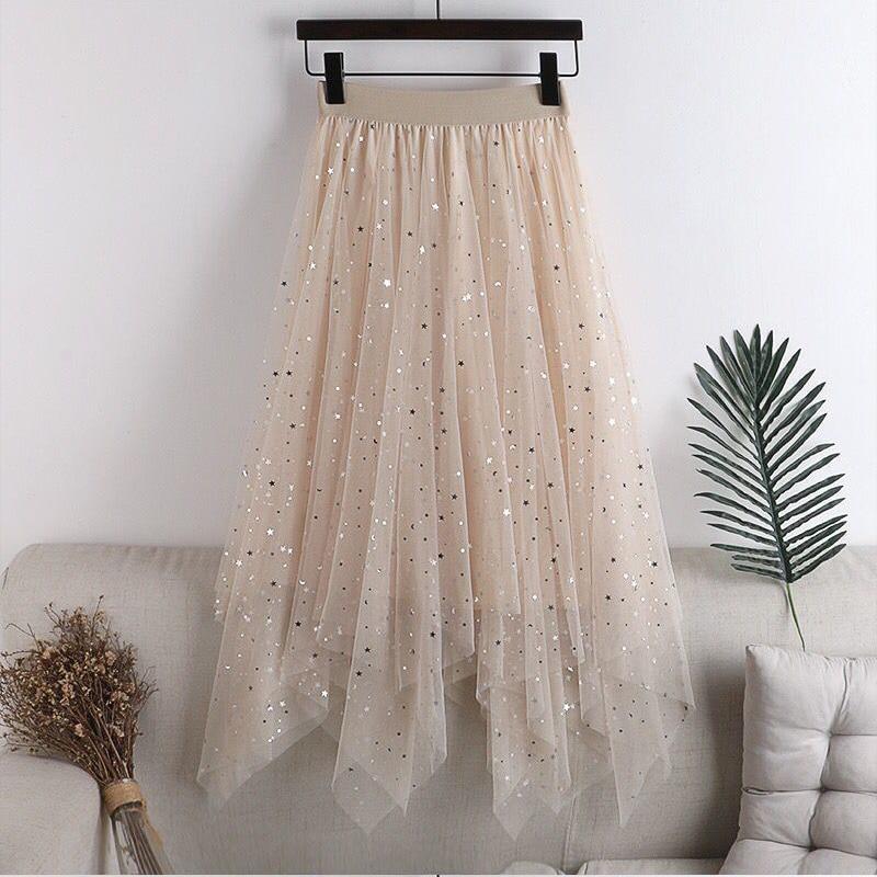 Women Fairy Star Sequins Mesh Tutu Skirt Shiny Elastic Waist Long Tulle A-line Skirt