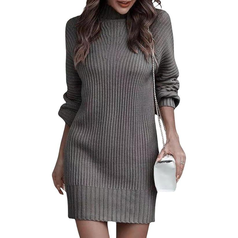 Women's Mock Neck Sweater Dres Long Lantern Sleeve Rib Knit Stretch Bodycon Sweater Dress