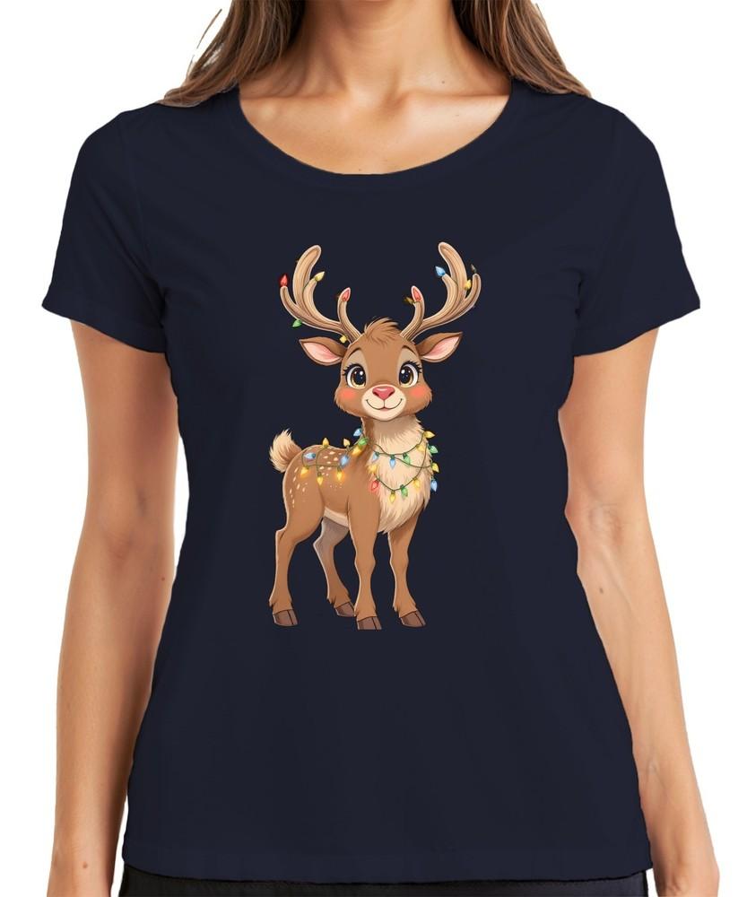 Christmas Reindeer String Lights Cute Cartoon Kids Gift Ladies Tshirt S