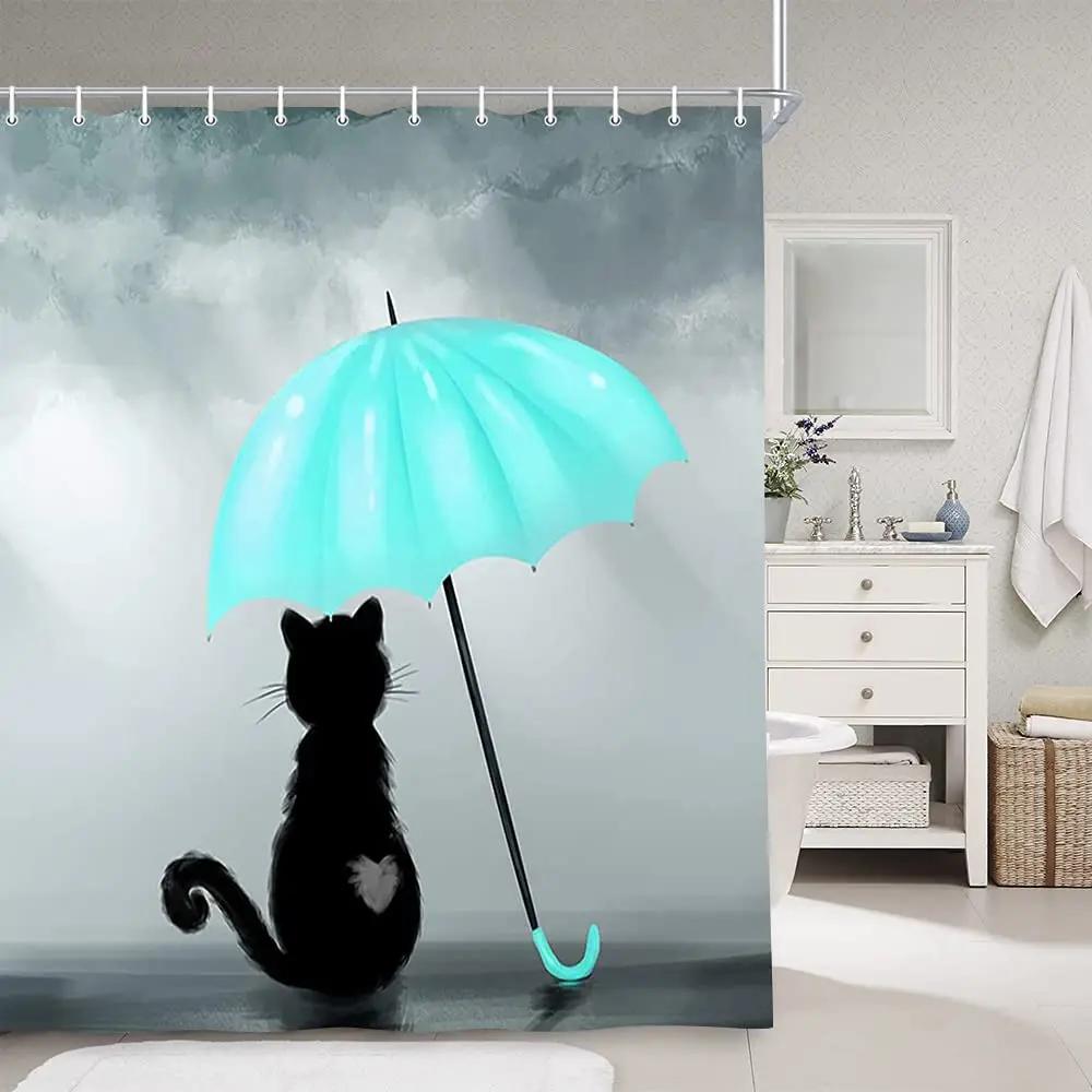 Zen Cat and Dragonfly Bath Curtain - High-Quality Waterproof and Mildew-Proof Bathroom Decor for a Calm, Oriental-Inspired Home