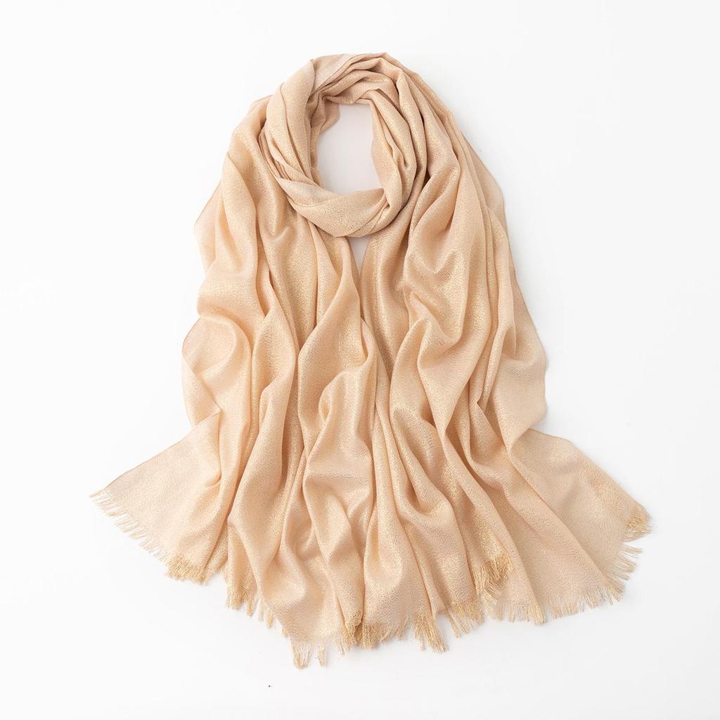 Women's Silk Scarf: Pure Color Long Headscarf with Gold and Silver Threads