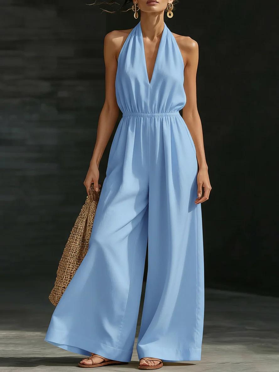 2026 summer new European and American style V-neck neck vest jumpsuit women s design temperament fashionable commuter French S небесно-голубой