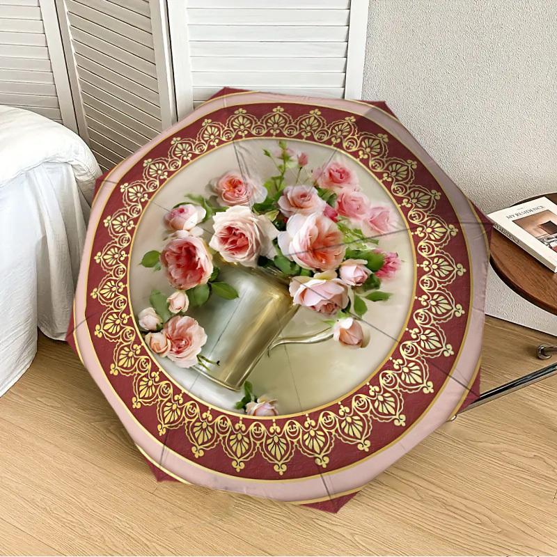 

1PC Floral Decorative Automatic 8-Bone Folding Umbrella - Durable Polyester & Iron Frame,Userfriendly Operation yy250929129