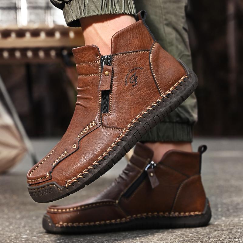 Men's Leather Boots Zipper High Top Casual Shoes