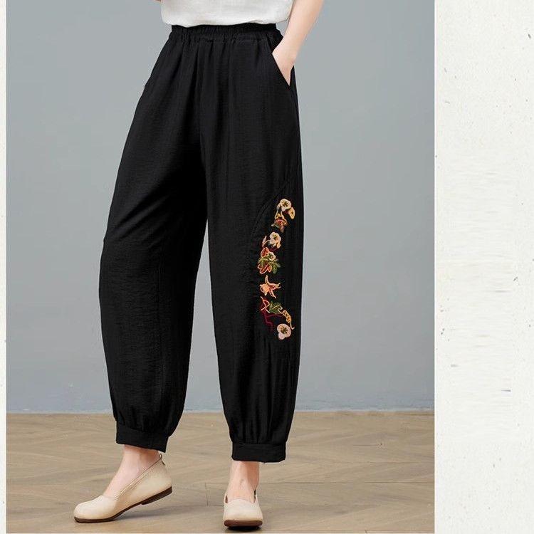 Summer Women's Cotton and Hemp Embroidered Haren Pants Middle Aged and Elderly Large Loose Haren Pants Mom Cropped Pants
