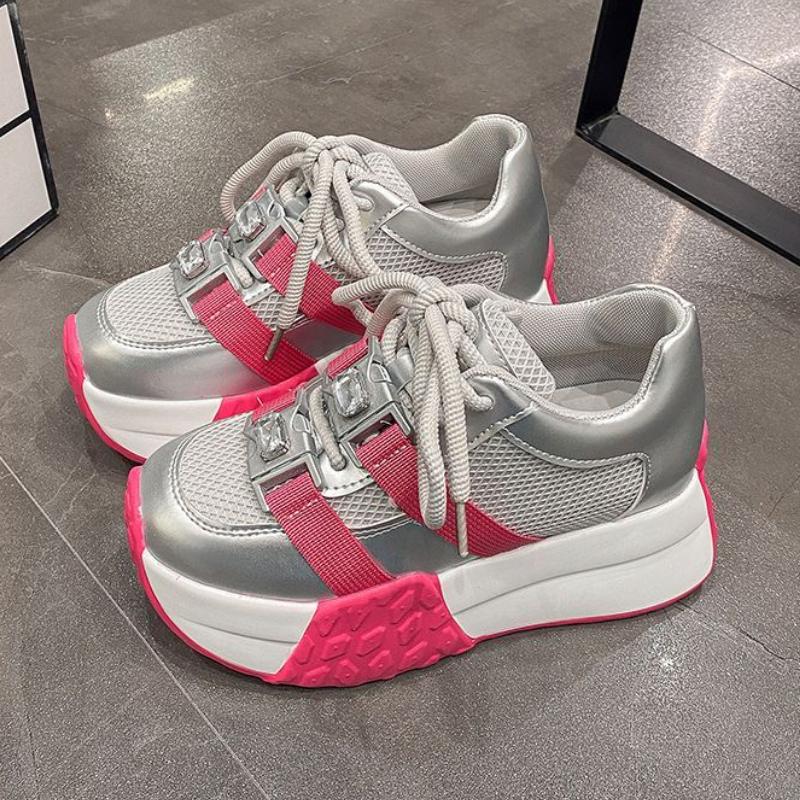 

Повседневная обувь из сетчатой ​​ткани на толстой подошве, женская обувь на плоской подошве с круглым носком и шнуровкой, разноцветная прогулочная обувь 39 розовый