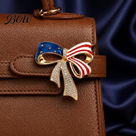 Electroplated Bow Pin Independence Day Brooch Pin, Patriotic Rhinestone Lapel Sweater Long-lasting Alloy Cardigan Coat Suit Jewelry