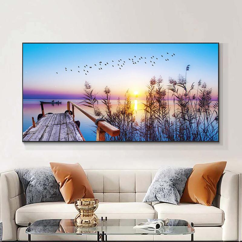 Landscape Sunset Lake Flying Bird Boat Sky Canvas Painting Posters and Prints Wall Art Pictures Living Room Home Decor No Frame No Frame