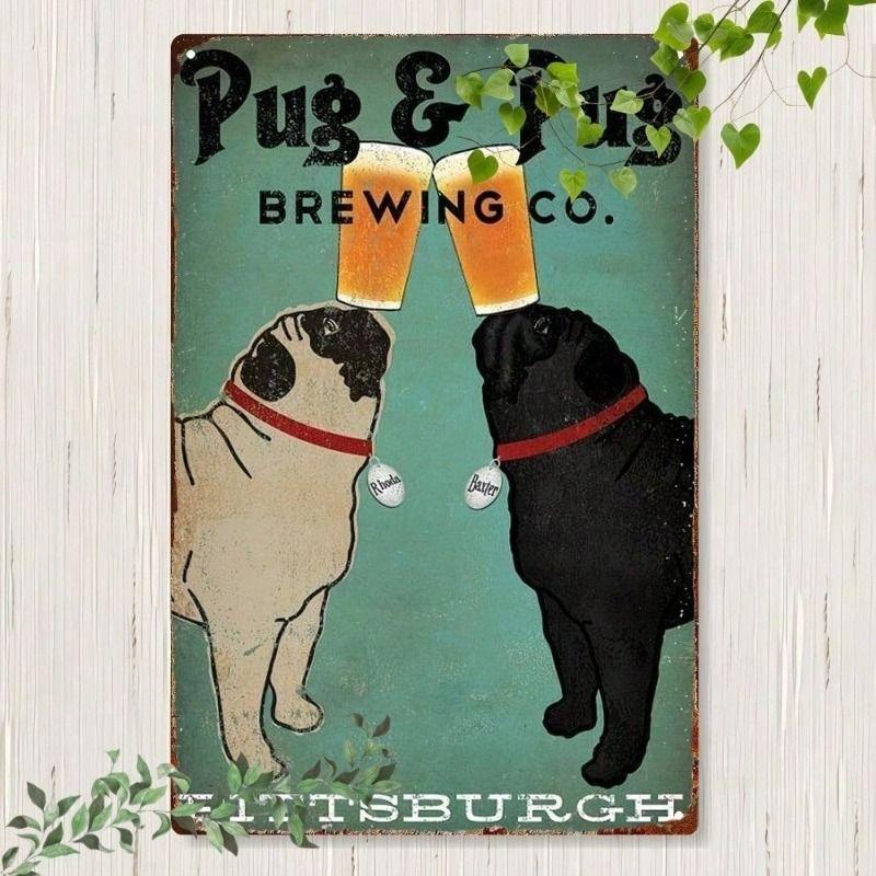 

Vintage Pug Dog Beer Metal Poster, Bar Wall Decor