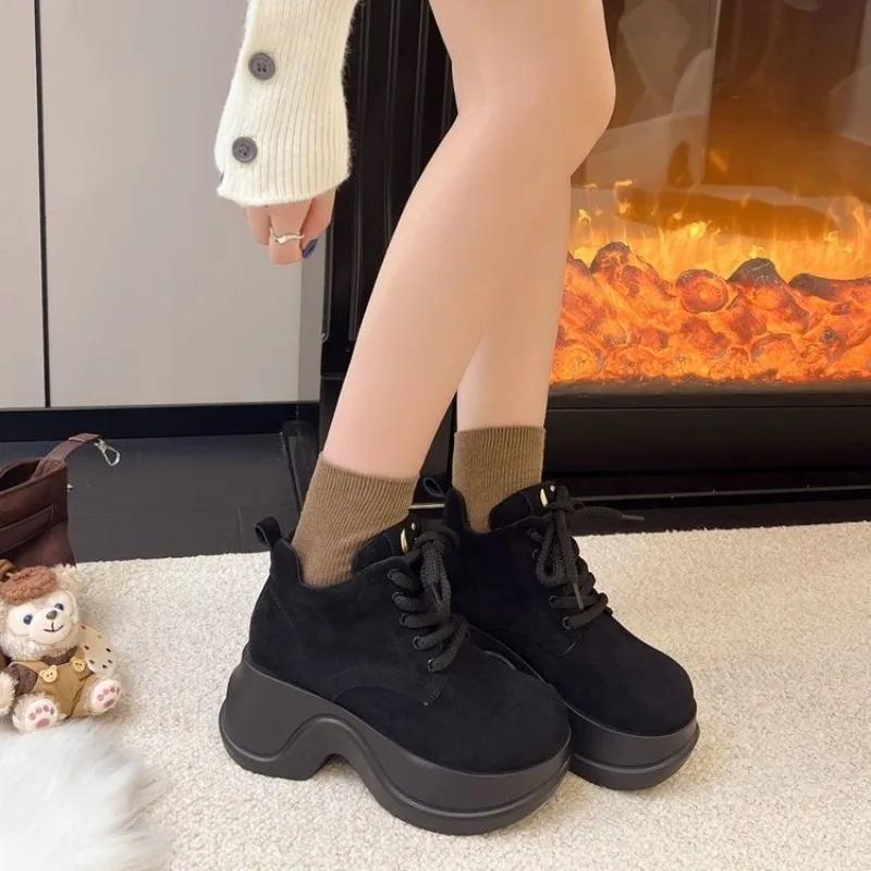 Fashion Retro New Women's 2025 Round Toe Suede Front Lace-Up Casual Platform Non-Slip High-Top Single Shoes