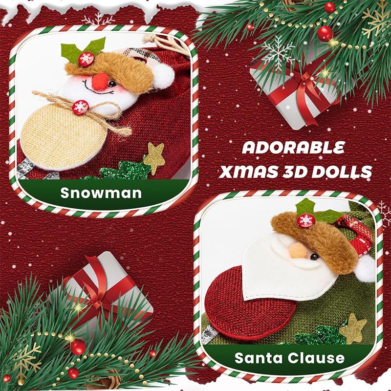 Christmas Wine Bottle Bags Burlap Wine Bags with Drawstring Santa Snowman 3D Pattern Design Reusable Christmas Wine Bottle Cover