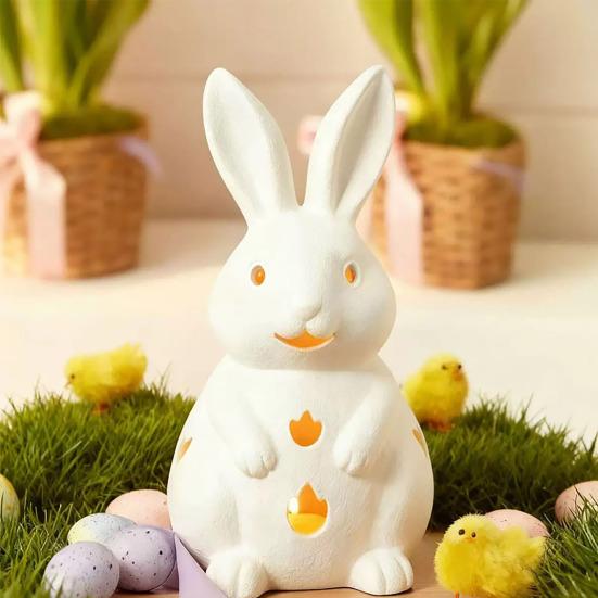 Easter Bunny Candle Holder Cute Bunny Resin Statue with LED Light White Bunny Figurine Rustic Table Centerpiece for Home Spring Decor