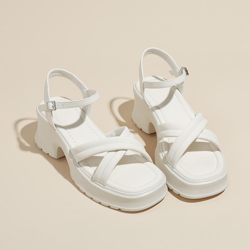 

Not tired feet increase height, soft thick bottom summer new wide strip cross belt one-word buckle muffin Roman sandals women 40