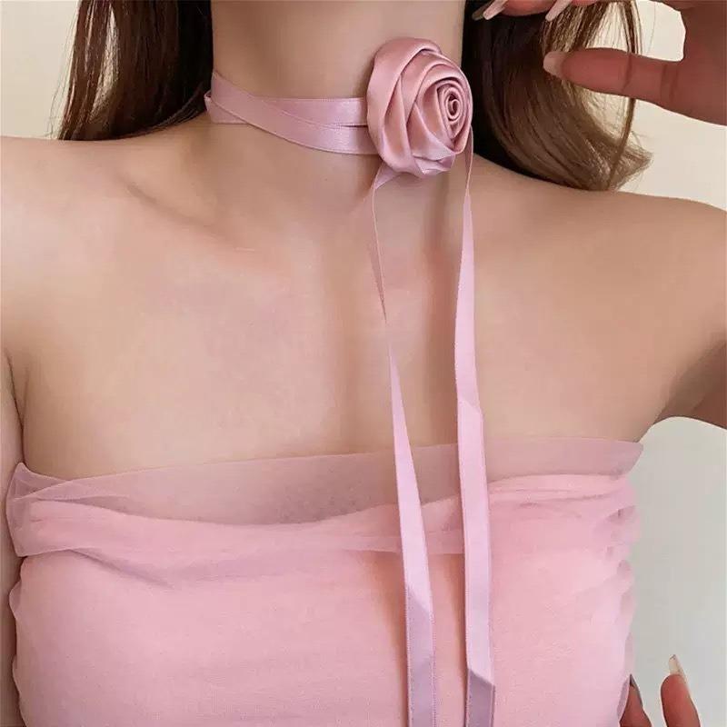 Black and White Flower Necklace Rose Choker Neck Flower Neckband Necklace Female Neck Collar Camellia Clavicle Chain