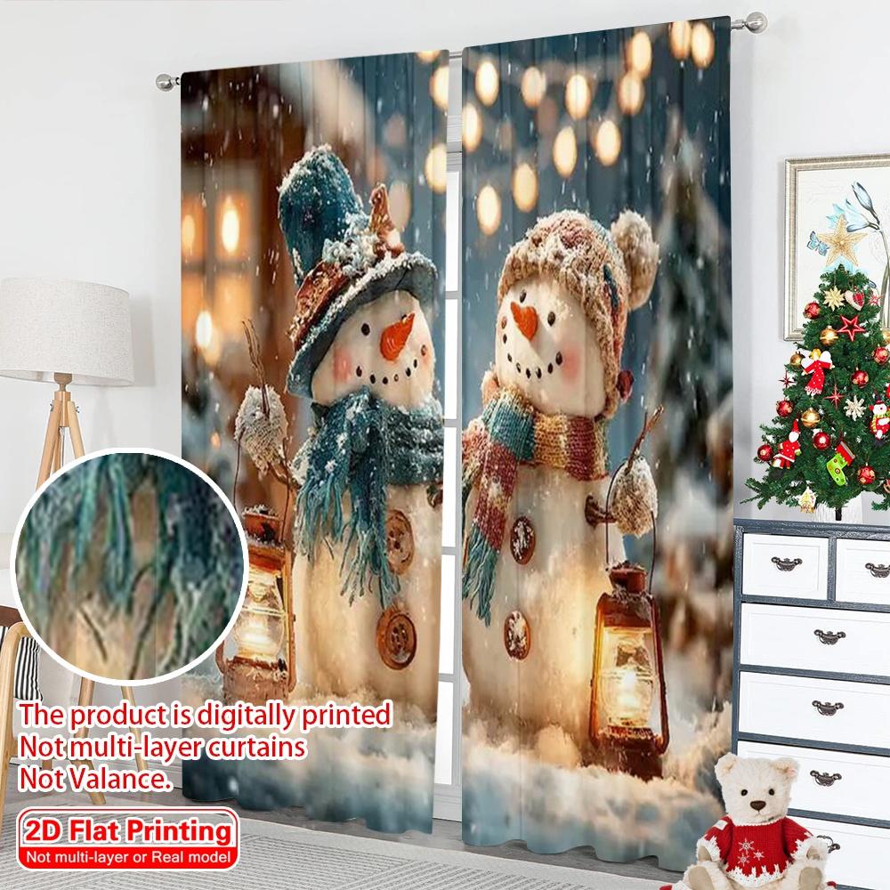 Set Of 2 Flat Printing Merry Christmas Popular Window Curtains Snowman Tree Versatile Fabric Without Electricity Spring Made Polyester