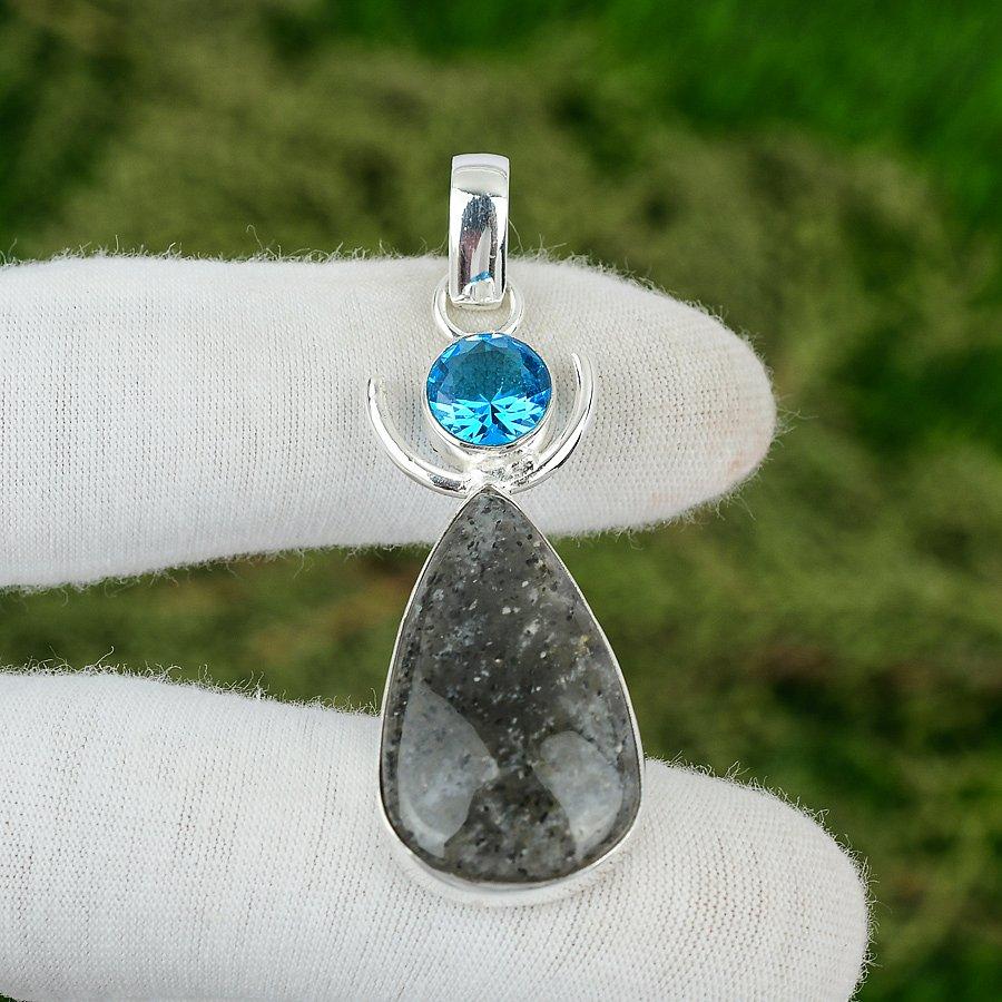 Sterling Silver Black Sunstone Stone Swiss Blue Topaz Sacral Chakra Boho Pendant