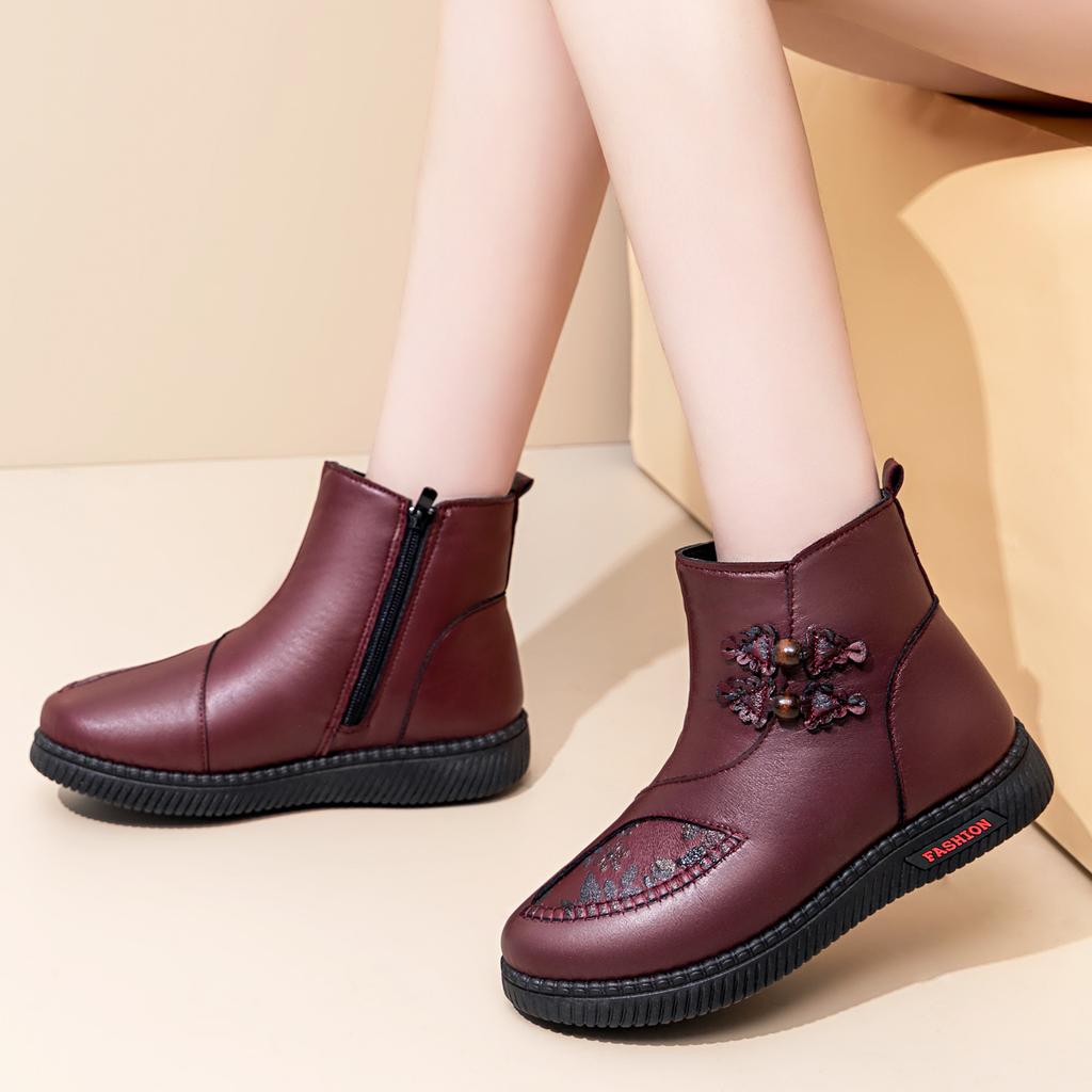 Cotton Shoes Winter Women's Embroidery Women's Boots Cold-proof and Warm Leather Boots Thick-soled Comfortable Snow Boots Piled Thickened Cotton Boots