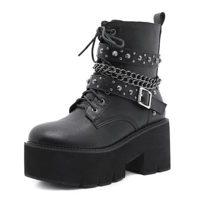 8.5cm Heels British Style Winter New Thick Soled Boots Side Zipper Nail Chain  Popular Women's Boots Lhx